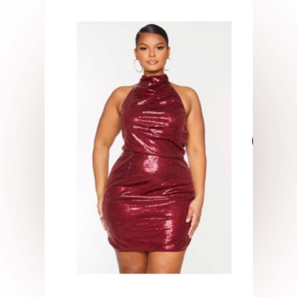 Pretty Little Things PLUS burgundy Sequin Halterneck Backless Bodycon Dress 1X